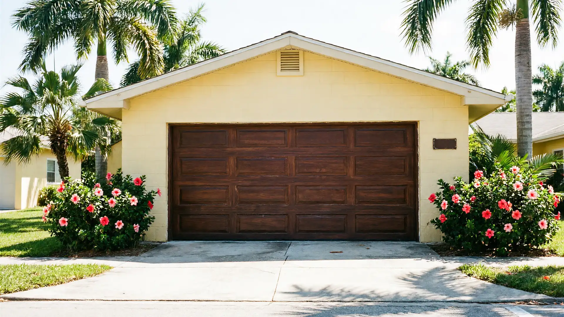 A yellow house has a dark brown garage door and two hibiscus bushes.