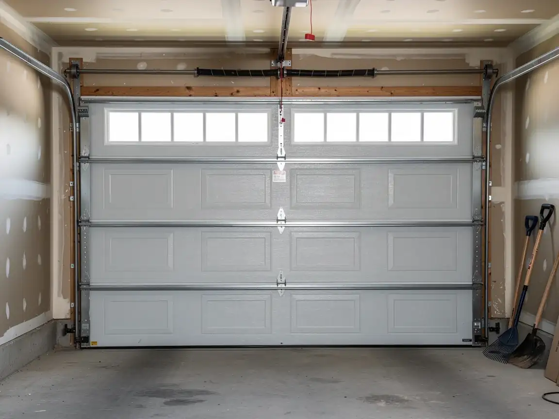 A closed white garage door with windows is inside a garage.