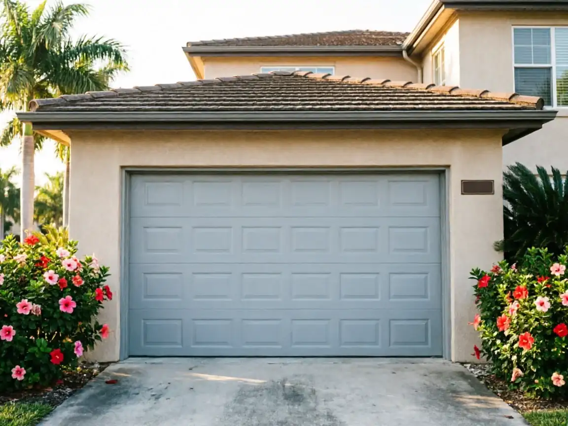 A light gray garage door is on a beige house with flowering bushes.