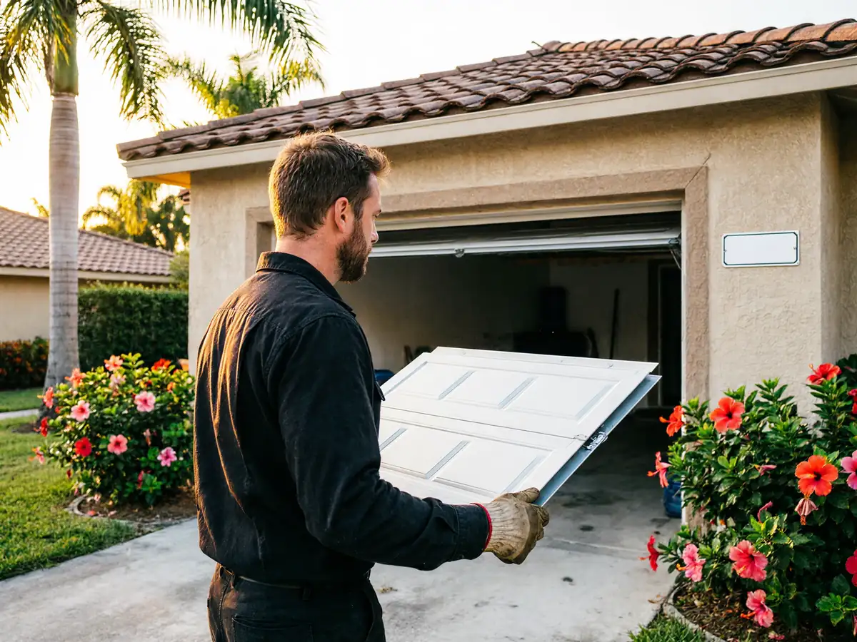 A technician carries a white garage door panel toward an open garage.